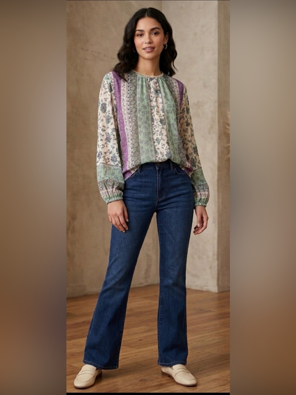 Loft Bohemian Style Floral Striped Scalloped Neck  Blouse - sz medium - NWT
